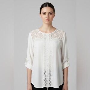 Monteau Ivory Blouse XL - Lace Yoke & Open Cross-Back - Fits Medium/Large